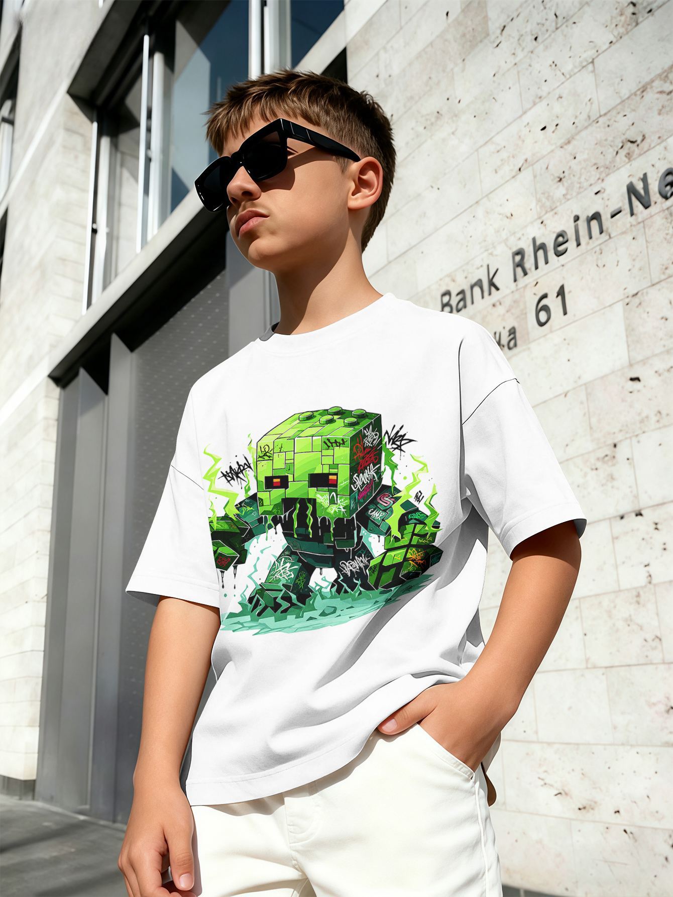 T-shirt för pojkar med 3d rymdraket tryck rund hals vit_voghion.com