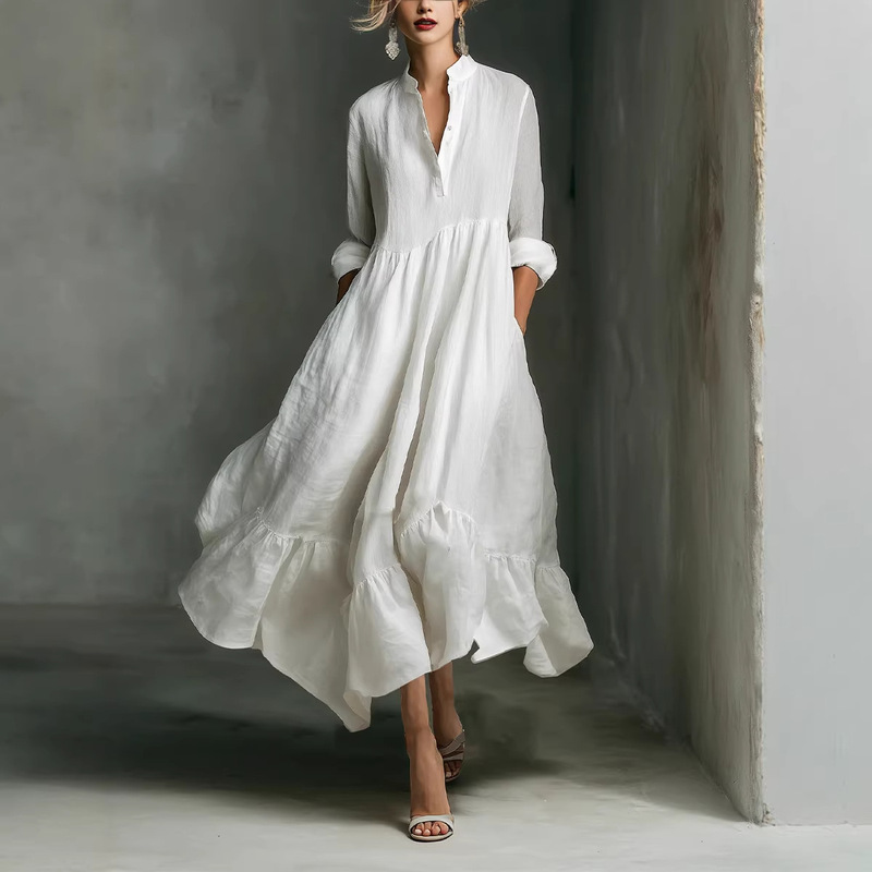 2026 European and American Cross-Border Amazon Independent Site Western Casual Cotton and Linen Vacation Half-Open Collar Dress New Style 2026 European and American Cross-Border Amazon Independent Site Western Casual Cotton and Linen Vacation Half-Open Collar Dress New Style