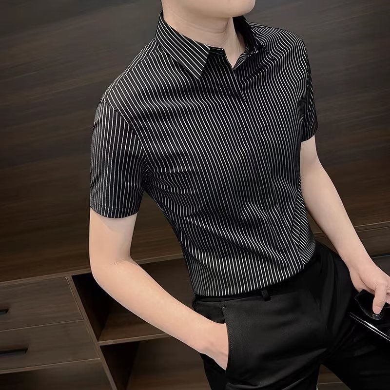 夏薄いハイエンドストライプ半袖アイスシルクシャツメンズ新しいファッショントレンディなブランド紳士服ビジネススリムシャツ|undefined
