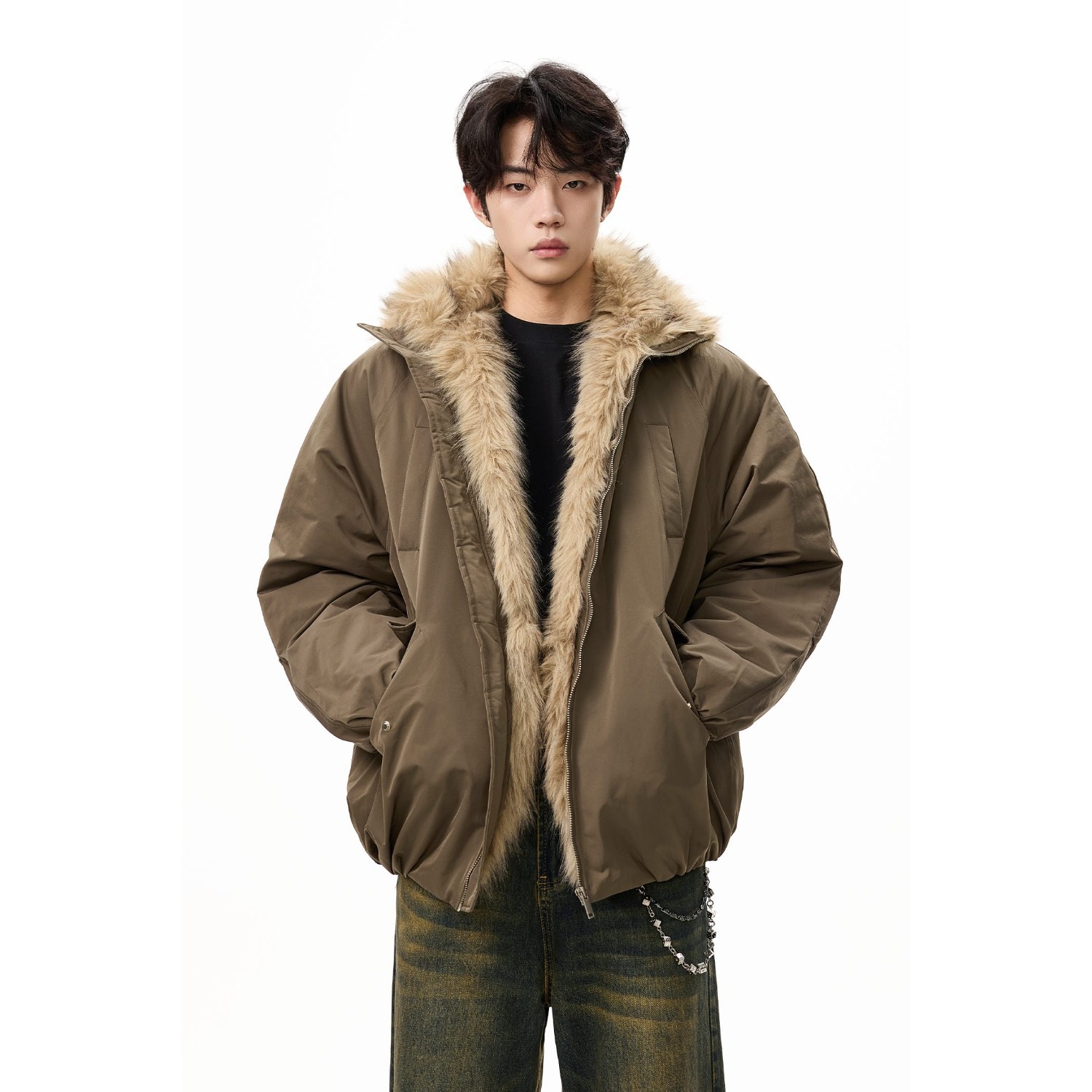 2025 Winter New Retro Large Fur Collar Cotton-padded Jacket for Men, Stylish Design, Warm and Warm, Stand Collar, Thick Cotton-padded Coat, Trendy