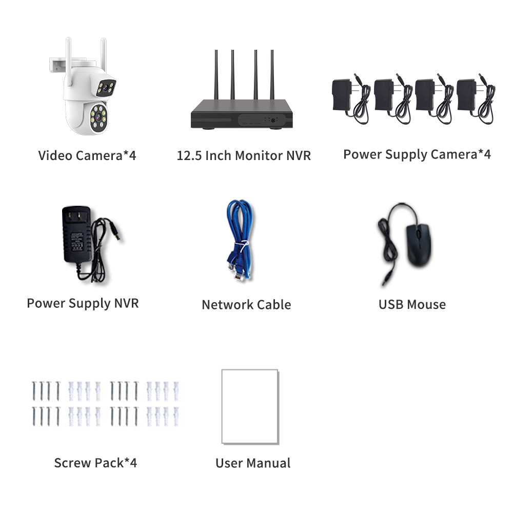 12 inç kablosuz gözetleme seti, 4MP çift lens, WIFI, 4 kamera