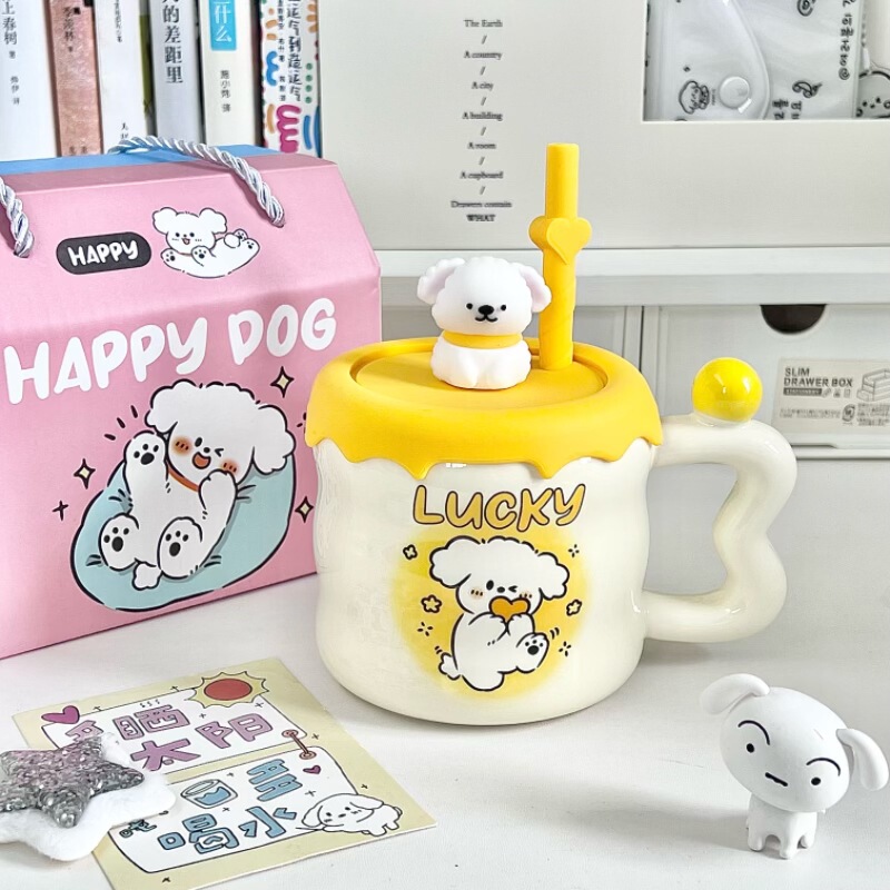 誕生日プレゼントかわいい子犬ストローカップ漫画セラミックマグカップ蓋付き女子プレゼント家庭用コップ|undefined