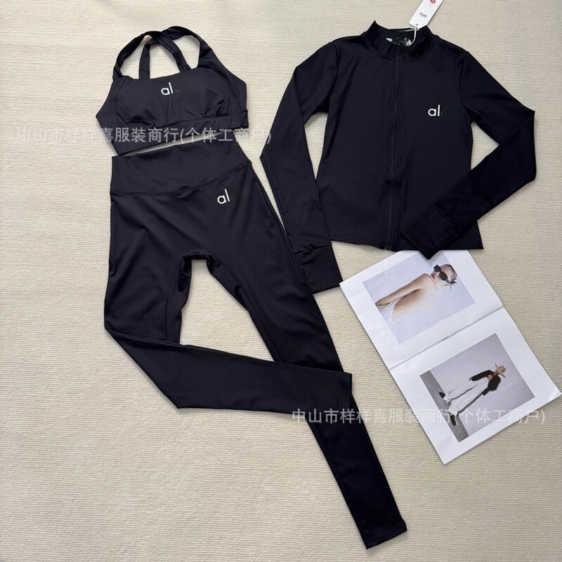 In-stock cross-border yoga sports three-piece set: tight-fitting printed camisole + quick-dry long-sleeve top + elastic pants