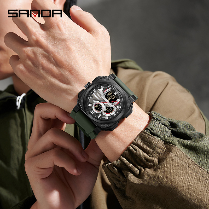 Sanda SANDA multifuncional moda juvenil doble pantalla impermeable reloj para hombre cuadrado deportes de ocio reloj electrónico para estudiantes