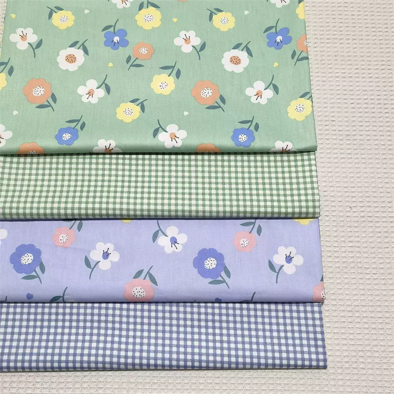 绿色花朵格子 全棉斜纹印花布料 床品手工家居服睡衣包包娃衣面料