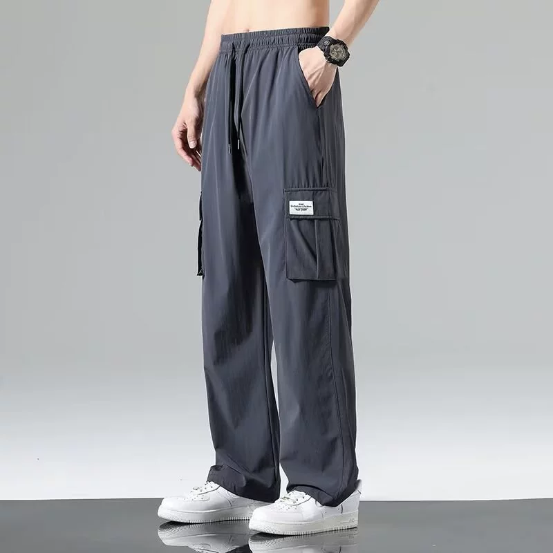 Men's summer thin sports silk casual trousers, loose straight fit