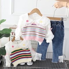 Girls' Autumn Color Bar Cardigan Set with Tank Top for Baby Girls, 0-1-2-3 Years Old