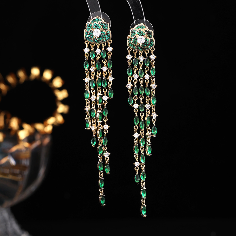 韓版重工飾品新款植物花卉女耳飾歐美微鑲鋯鑽月季花流蘇耳環