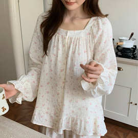 韩国ins女士秋季新品韩系双层加厚棉纱粉色小碎花家居服睡衣套装