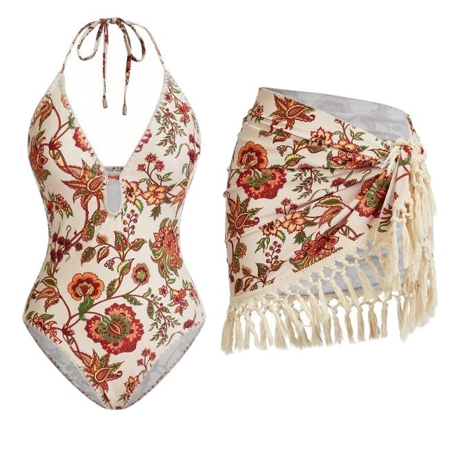 Sexy Bikini-Set mit tiefem V-Ausschnitt, kurzem Rock und Quasten – einteiliger Badeanzug für Damen. Genießen Sie die Bewegungsfreiheit._voghion.com