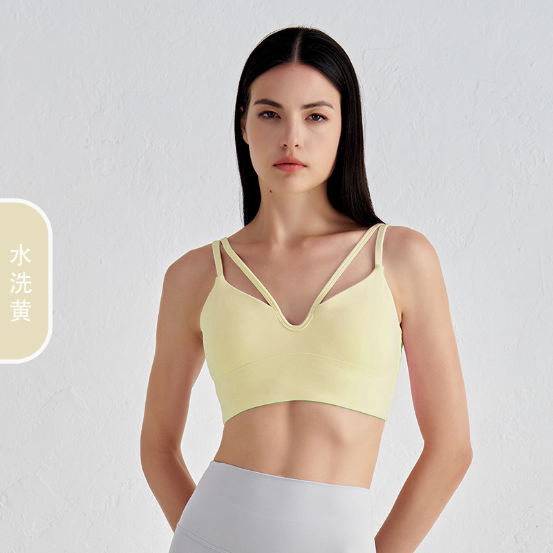 Desnudo con cuello en V, doble cabestrillo, chaleco de yoga, almohadilla para el pecho, tirantes finos, ropa interior deportiva, sujetador de fitness para mujer, hermosa espalda