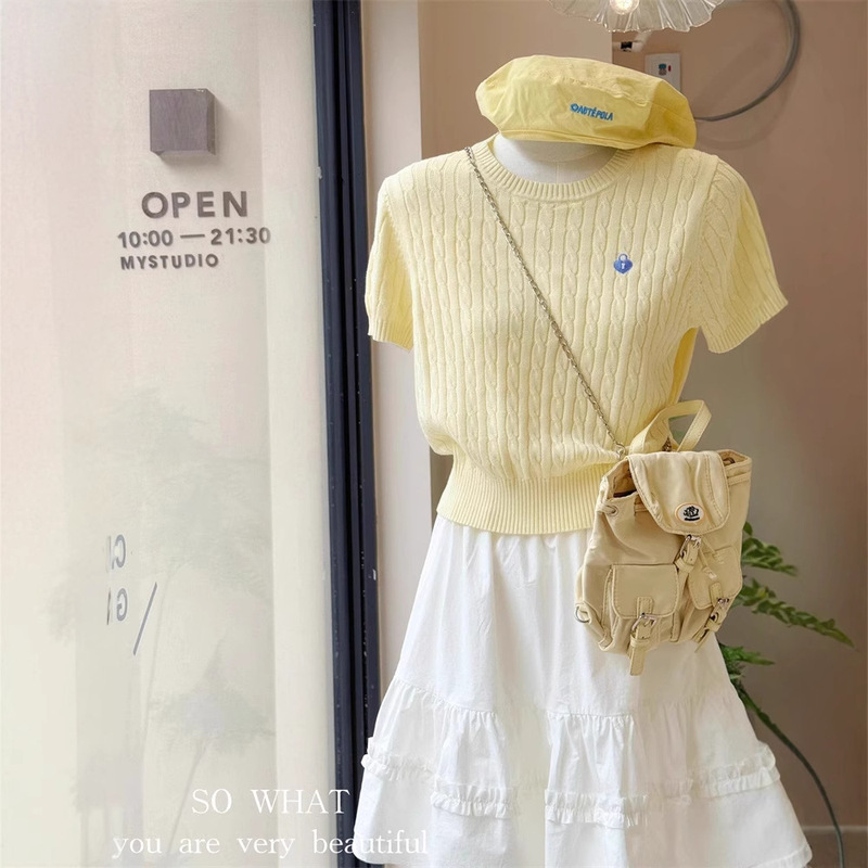 Yellow Embroidered Twist Round Neck Shoulder Short-sleeved T-shirt Women's Summer Small Slim-fit Slimming Ice Silk Knitted Top