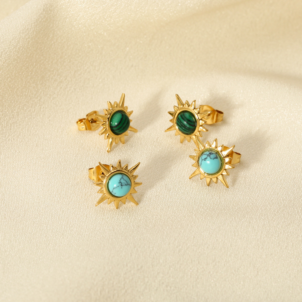 316 Stainless Steel Ear Needle Material 18K Gold Plated Plating Material 1 Pair Retro Star Plating Inlay 304 Stainless Steel Malachite 18K Gold Plated Ear Studs