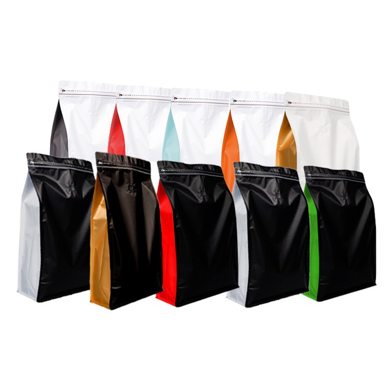 Bolsas de embalaje para alimentos para café, té, refrigerios, bolsas de aluminio autoportantes con cierre zip para granos de café con válvula, bolsas autoportantes con sellado de ocho lados