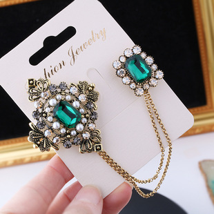 European and American style fashion tassel vintage chain Super Flash rhinestone pearl brooch collar flower shirt jewelry pin suit