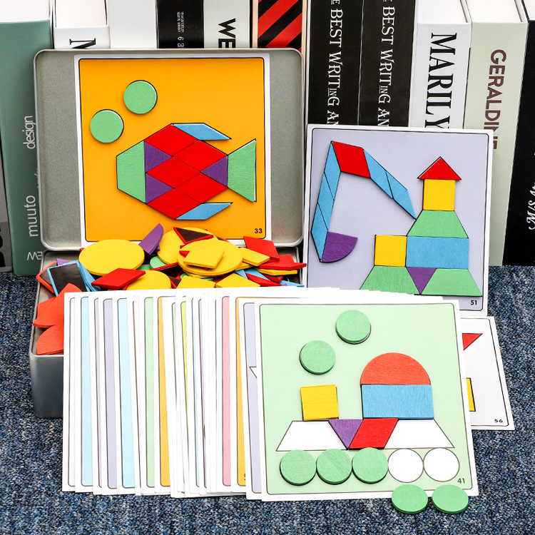 Creativa caja de hierro magnético rompecabezas de madera infantil rompecabezas educativo forma geométrica juego rompecabezas