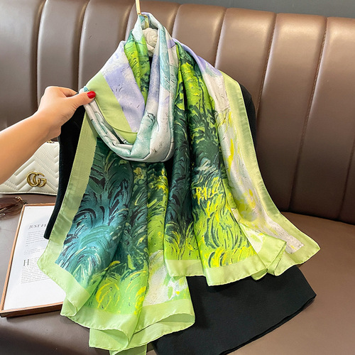 Green Oil Painting Summer Sunscreen Beach Scarf Women's Silk Scarf Extra Large Vacation  Korean Style New Scarf Shawl Fashionable
