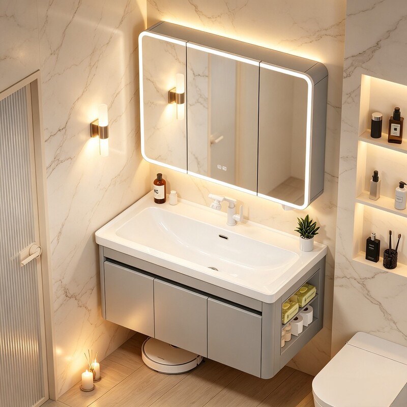 Space Aluminum Bathroom Side Mirror Cabinet with Arc-Shaped Design, Wall-Mounted Smart Beauty Storage Rack and Storage Cabinet for Home Use
