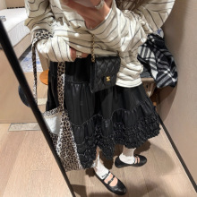 【杭州意法】花边皮PU中裙女秋季复古高腰百搭显瘦松紧腰半身裙