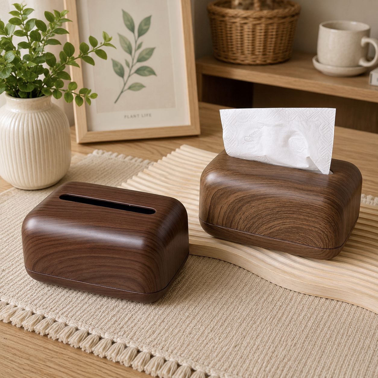 Imitation Walnut Wood Vintage Tissue Box for Home Living Room, Wood Grain Coffee Table Creative High-End Home Decor Desktop Tissue Holder