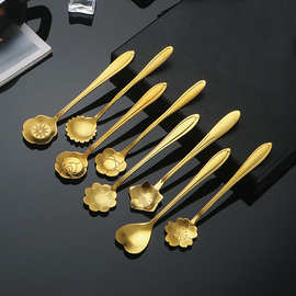 不锈钢樱花勺甜品燕窝勺长柄咖啡搅拌勺伴手礼金色花朵勺礼品勺子