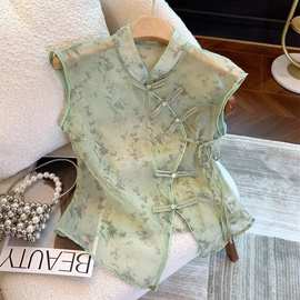 新中式绿色2025夏款印花盘扣无袖衬衫女禅意国风旗袍领网纱小上衣