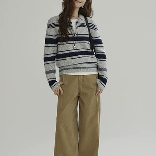 秋季新款POLO领针织衫女条纹休闲慵懒简约长袖毛衣