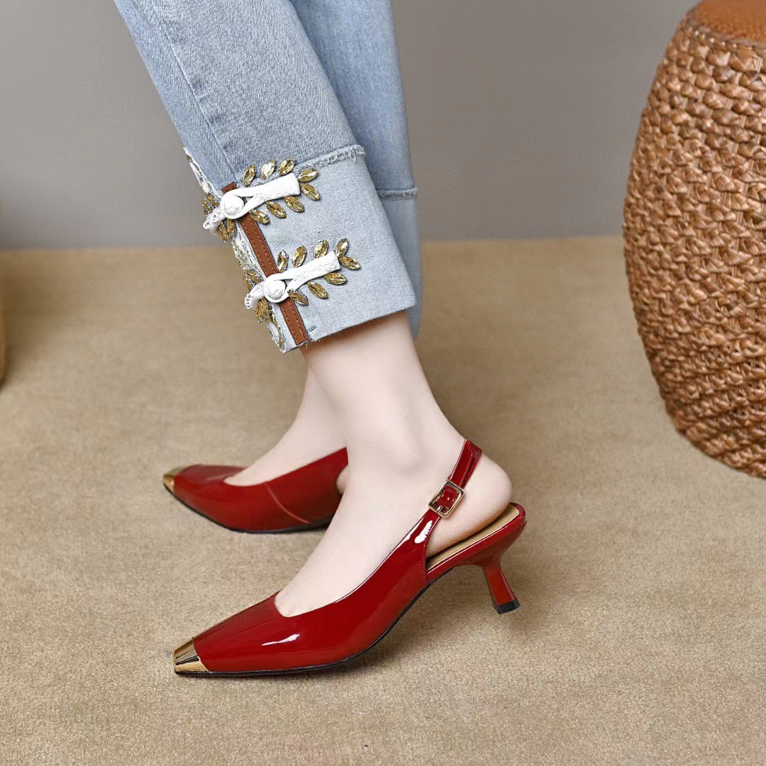 Giày sandal nữ mũi vuông da thật gót nhỏ đế mềm — Màu đen chi tiết 8