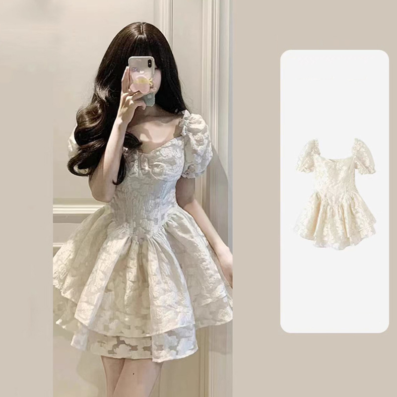 French First Love Gentle Style Puff Sleeve Dress Fairy Summer Waist Birthday Evening Dress Princess Puffy Skirt