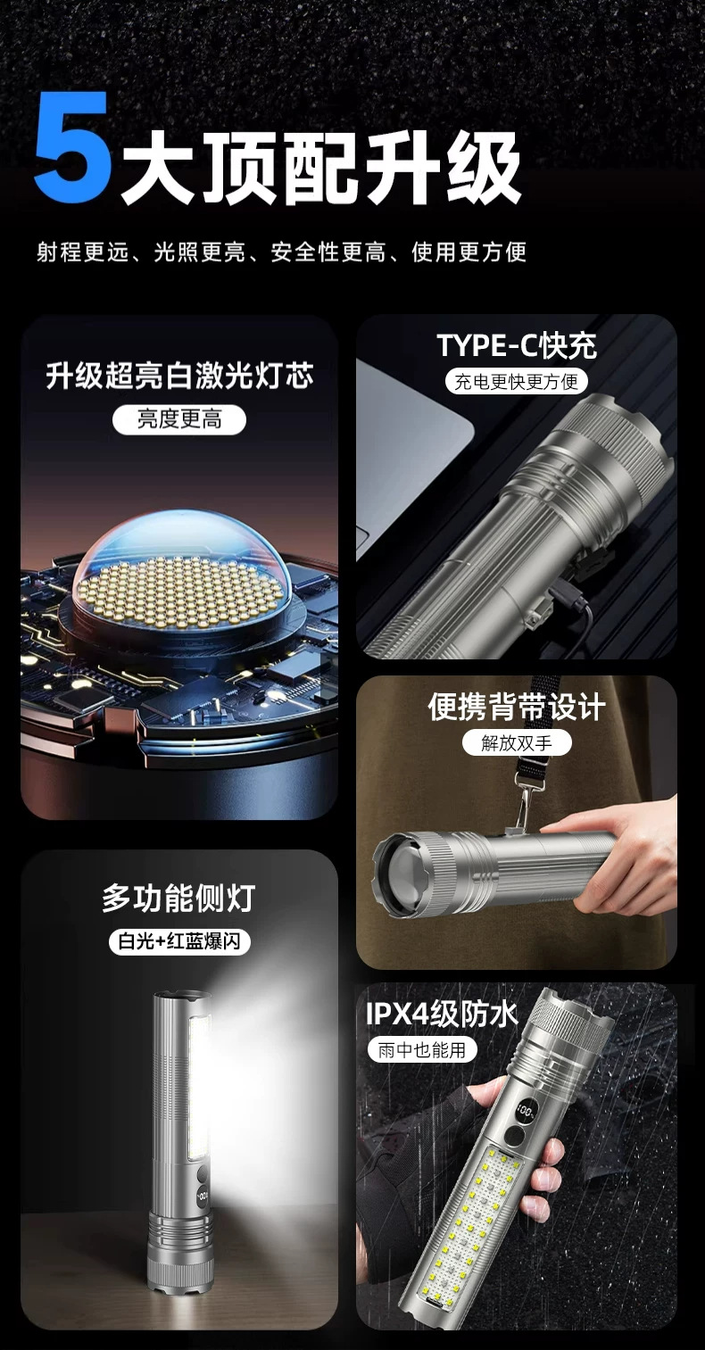 New Silver Dragon Ultra-Bright Flashlight Outdoor Aluminum Alloy Four-Light Source Long-Lasting Battery with Side Light and Smart Power Display