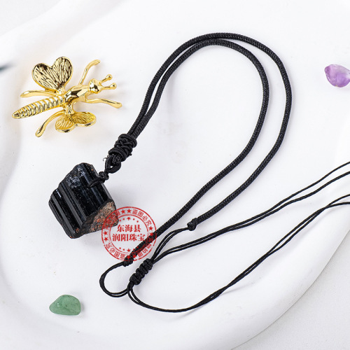 Cross-border hot selling natural black tourmaline crystal pendant tourmaline raw stone mine mark net pocket necklace pendant wholesale