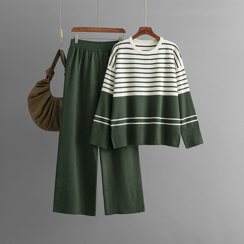 546g Weight Long Sleeve Sleeve Length Adhesive Fiber, knit Fabric Type Pant Co-ord Set Sets Type 2 Pieces Set Quantity Holiday, Daily Occasion Round Neck Neckline Loose Fit Type Stripe Pattern Winter, Autumn Season Women's Gender Casual, Simple Style Style Holiday Daily Women's Casual Simple Style Stripe Adhesive Fiber Knit Pant Co-ord Set Pants Sets 6