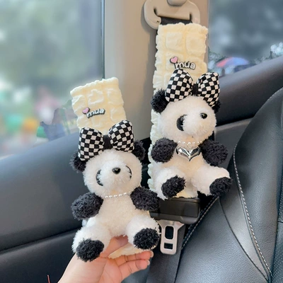 Shoulder Cover Cute Car Four: Seat belt shoulder pad - checkerboard-bow-panda-puff-shoulder-cover-pair