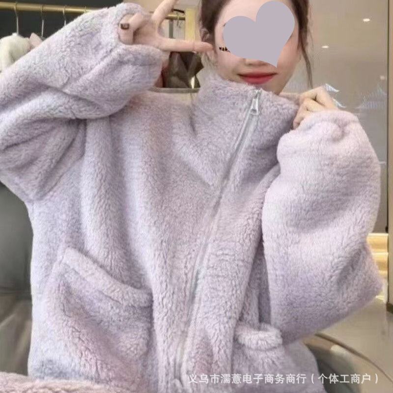 珊瑚绒加绒加厚立领开衫拉链睡衣纯色暖绵绵情侣拉链家居服套装|undefined