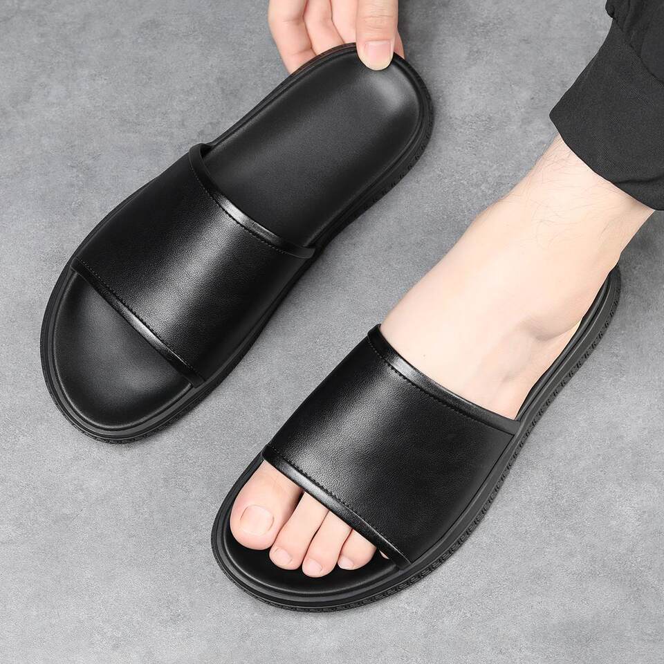 Dép sandal nam da bò thật quai ngang đế dày chống trượt, đi trong nhà và ngoài trời mùa hè — Màu nâu, màu đen