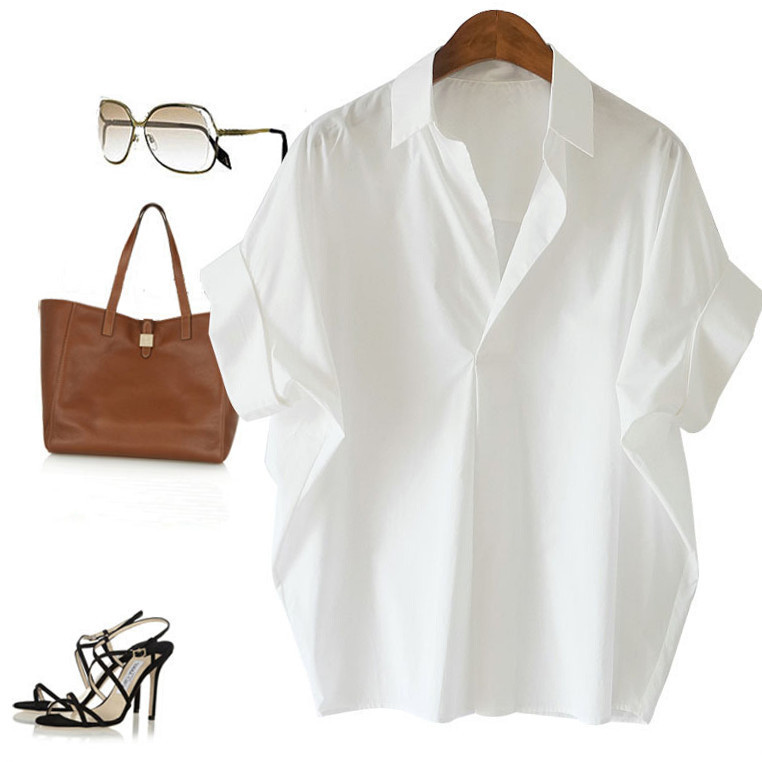 Retro Hong Kong Style Short-Sleeve Shirt for Women, 2026 Summer New Trendy Versatile White Shirt with Loose Batwing Sleeves Retro Hong Kong Style Short-Sleeve Shirt for Women, 2026 Summer New Trendy Versatile White Shirt with Loose Batwing Sleeves