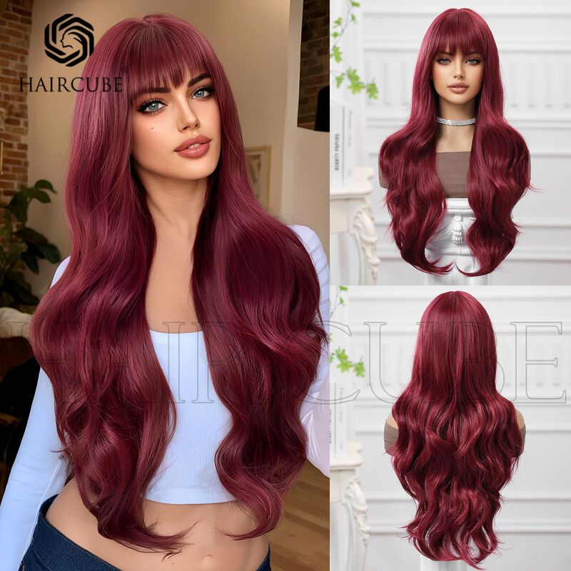 Cross-border European and American wig 30inch sea king red neat bangs long curly hair rose net high temperature silk wig full head cover