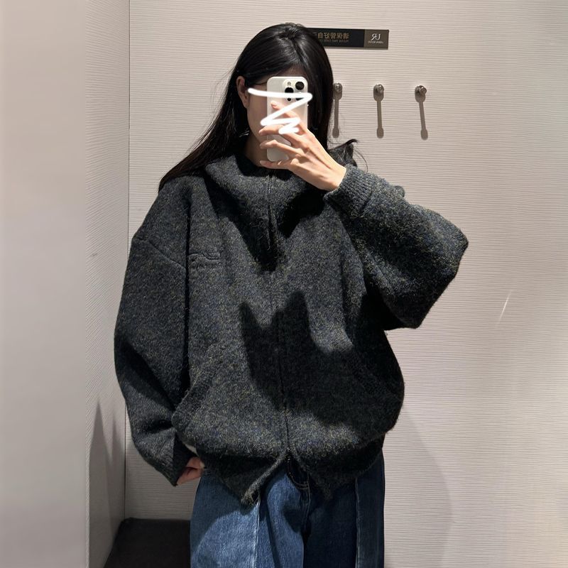 灰色复古连帽毛衣外套女春秋小个子慵懒风高级感加厚宽松针织开衫|undefined