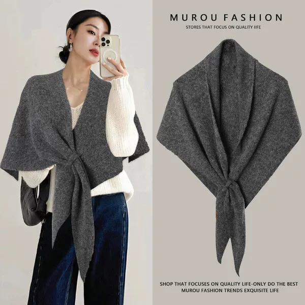 Autumn and Winter Pure Color Wool Blended Cross Triangle Knitted Shawl, Fashionable and Versatile, Warm Neck Protector and Neck Scarf with Waistcoat
