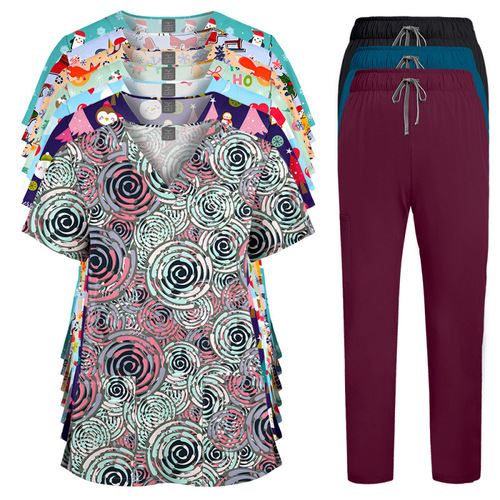 AliExpress Amazon V-neck cartoon printed work clothes, nursing clothes, professional suits, solid color straight pants