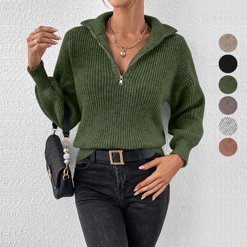 Europa y los Estados Unidos transfronterizos con cremallera suéter de comercio exterior moda de color sólido suéter de manga larga con cremallera de cuello de polo casual suéter mujer
