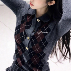 鞠婧祎同款秋季新款菱格撞色polo领针织打底衫修身显瘦百搭上衣女