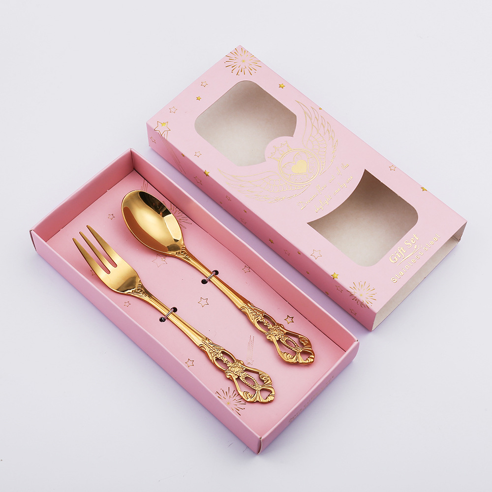 皇庭甜品勺叉-粉色镂空盒（钛金）