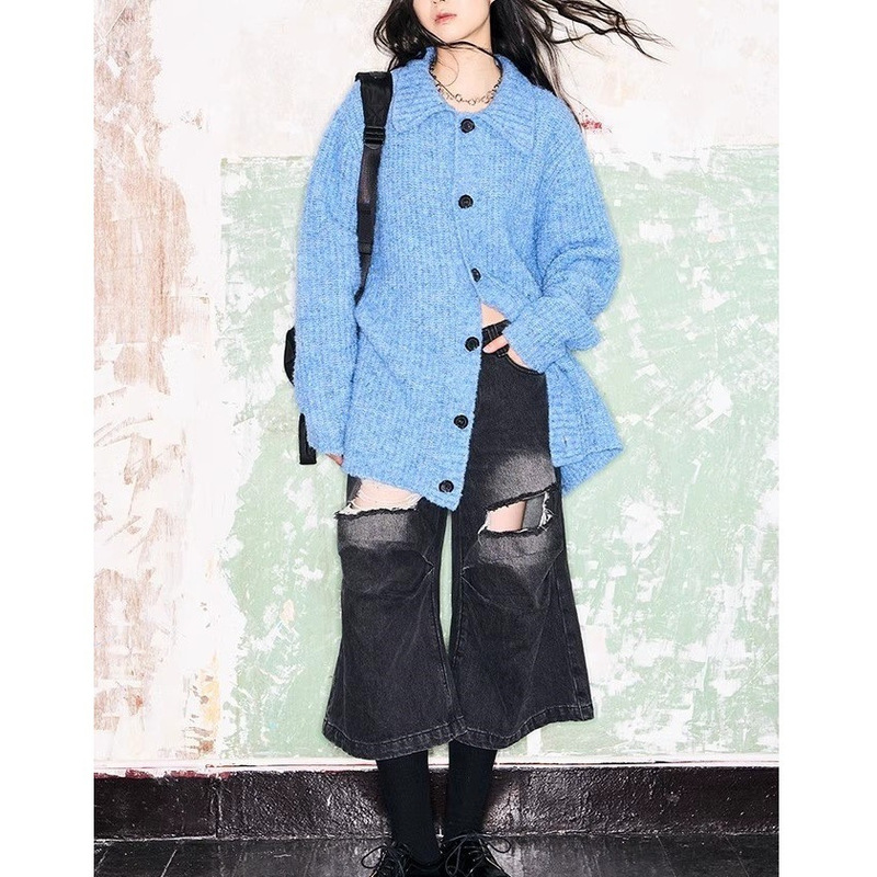 Takeceer Klein Blue Loop Yarn Loose Lapel Button Soft Waxy Wide Collar Sweater Knitted Cardigan Jacket