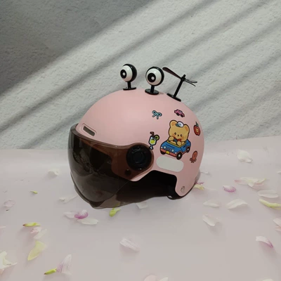 and Girls Safety Helmet, Motosiklet kaskı (dəbilqə) - black-short-light-pink-car-bear-black-eyes-black-windmill-7-15-years-old