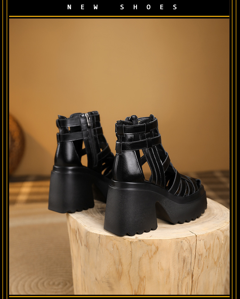 Boot cổ thấp nữ đế tăng chiều cao 10 cm, phong cách martin, thiết kế hở mũi cách điệu — màu đen chi tiết 10