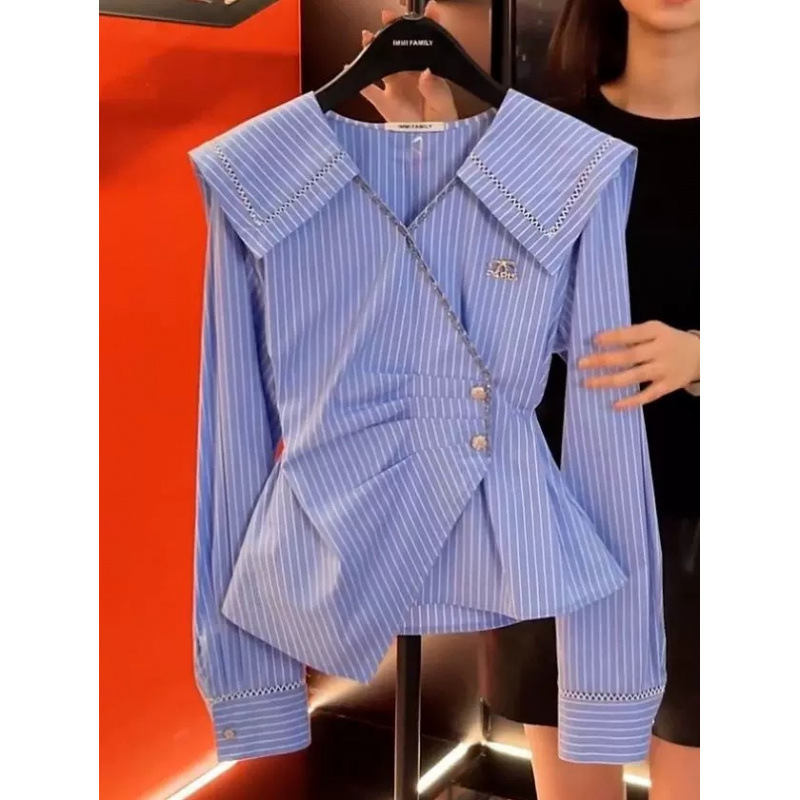 Striped Navy Collar Irregular Long-Sleeve Shirt Women's Blouse Base Layer Top Cross-Border In-Stock Dropshipping