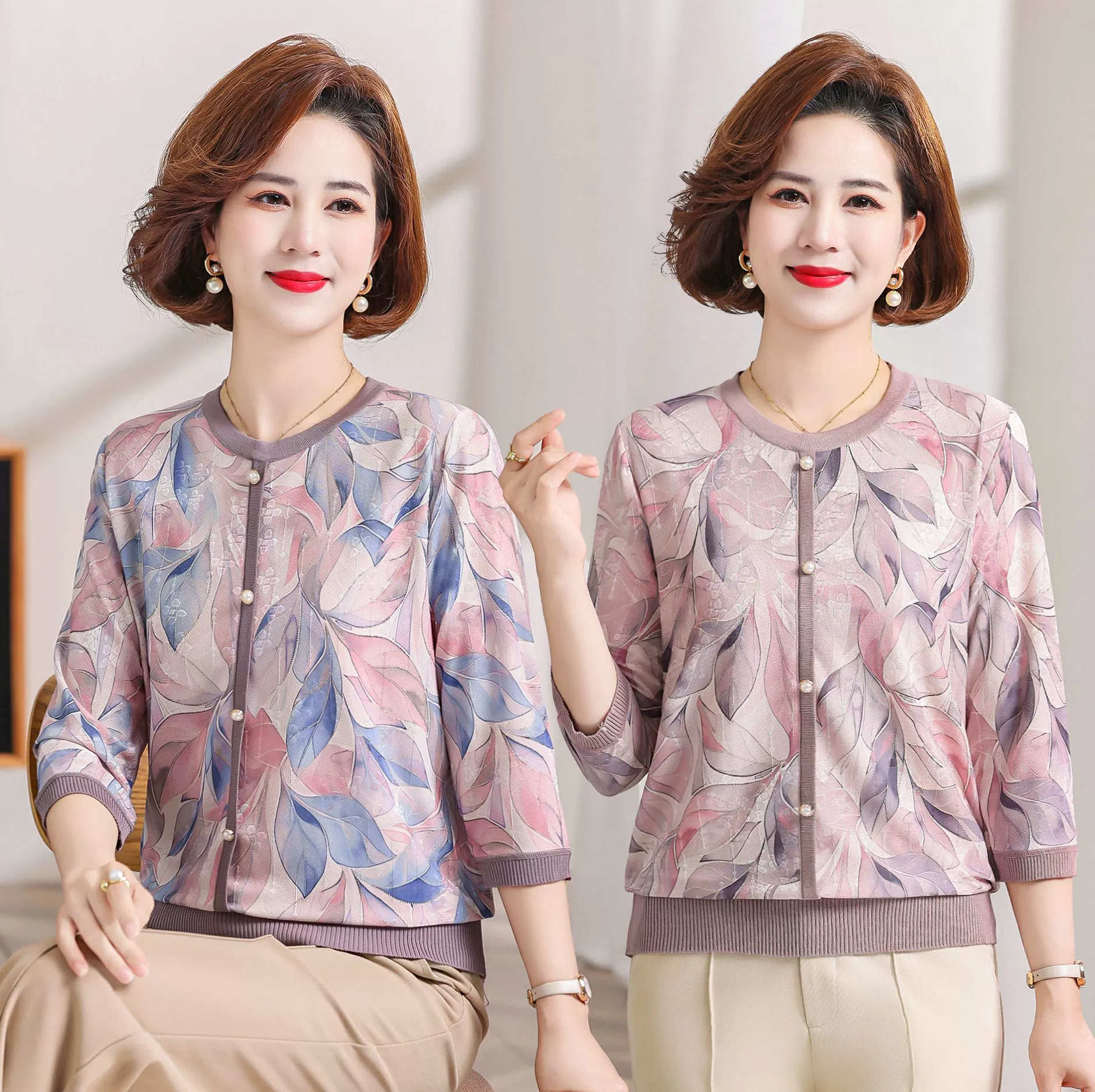 Женская рубашка с лацканами в весеннем стиле для мамы, женская рубашка с рукавом три четверти, свободный вязаный топ со средним рукавом для среднего и пожилого возраста