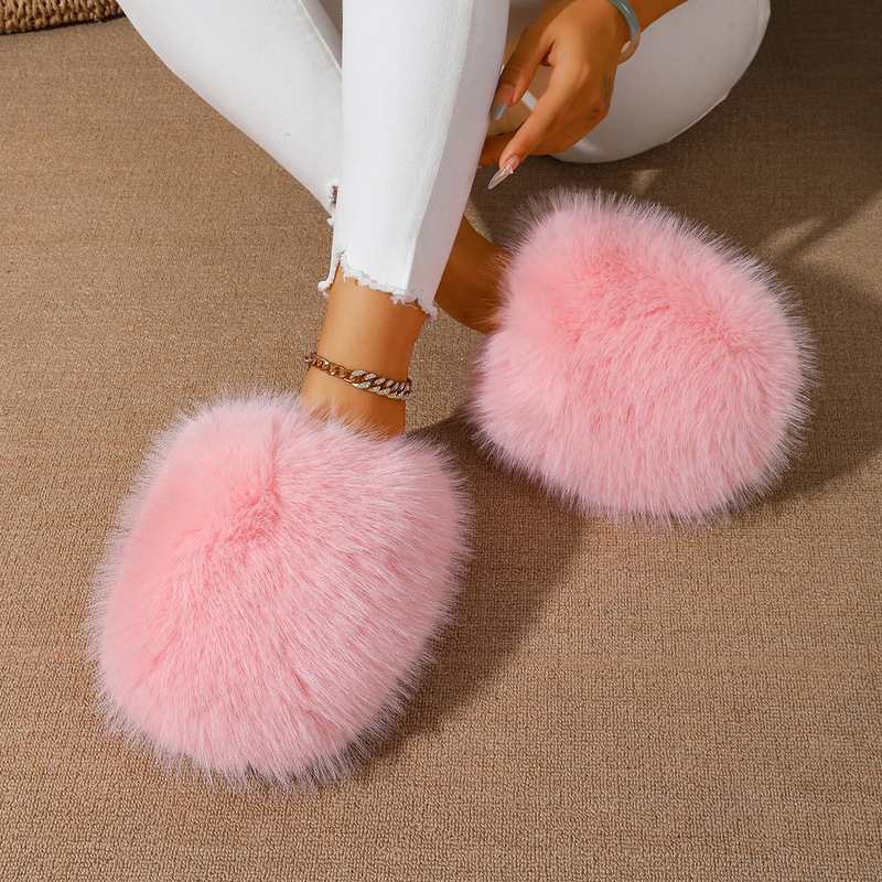 Cross-Border Fluffy Fur Slippers for Women, Autumn and Winter Fashion, Multi-Color, Export, Large Size, New Style, Flat-Soled, Closed-Toe, Warm Cotton Slippers