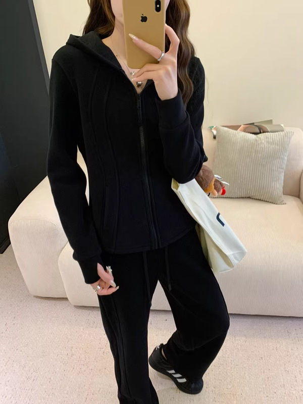 桑坡新款露露三代防风加厚款绵羊毛套装女保暖显瘦连帽运动两件套|undefined
